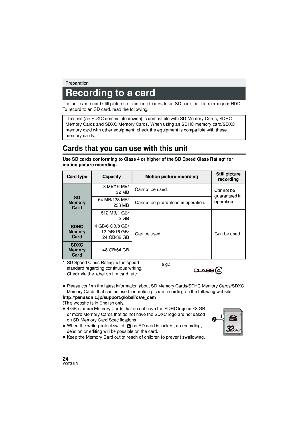 Panasonic HDC-TM80P/PC, HDC-HS80P/PC, HDC-SD80P/PC Recording to a card, Cards that you can use with this unit, Sdhc, Sdxc 