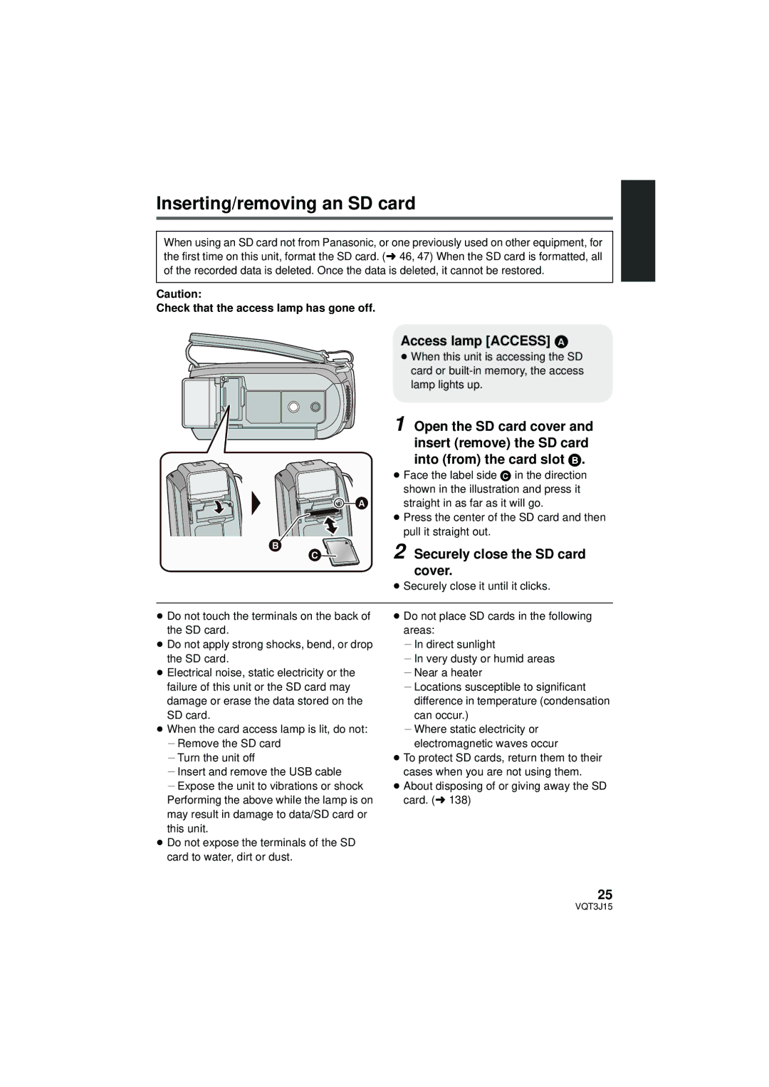 Panasonic HDC-HS80P/PC owner manual Inserting/removing an SD card, Access lamp Access a, Securely close the SD card, Cover 