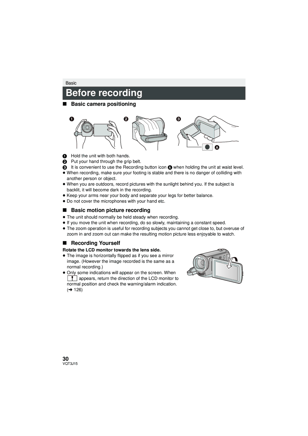 Panasonic HDC-TM80P/PC Before recording, Basic camera positioning, Basic motion picture recording, Recording Yourself 