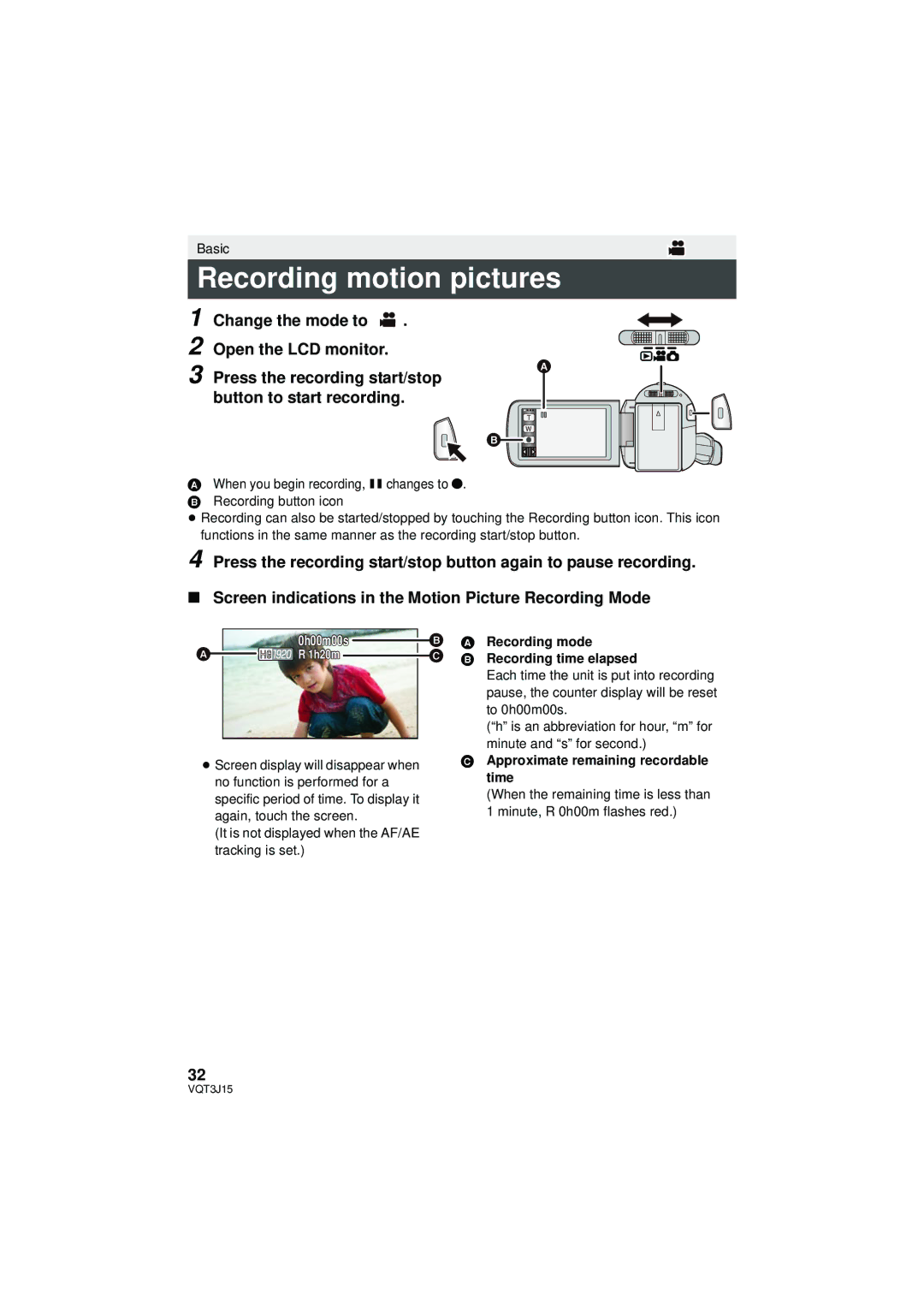 Panasonic HDC-SD80P/PC, HDC-TM80P/PC Recording motion pictures, It is not displayed when the AF/AE tracking is set 