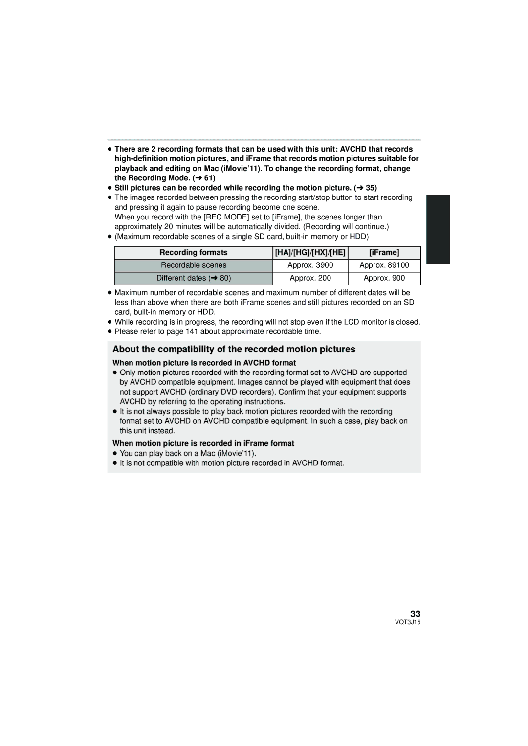 Panasonic HDC-TM80P/PC About the compatibility of the recorded motion pictures, Recording formats HA/HG/HX/HE IFrame 