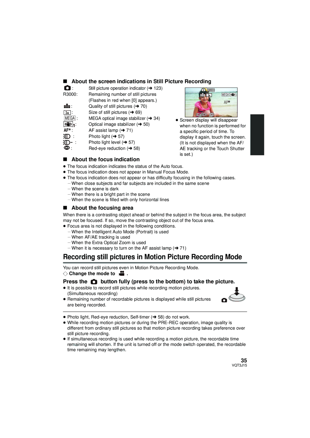 Panasonic HDC-SD80P/PC, HDC-TM80P/PC Recording still pictures in Motion Picture Recording Mode, About the focus indication 