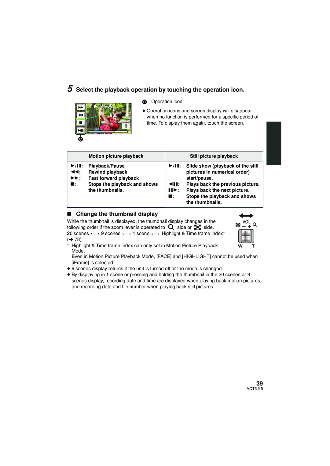 Panasonic HDC-TM80P/PC Select the playback operation by touching the operation icon, Change the thumbnail display 