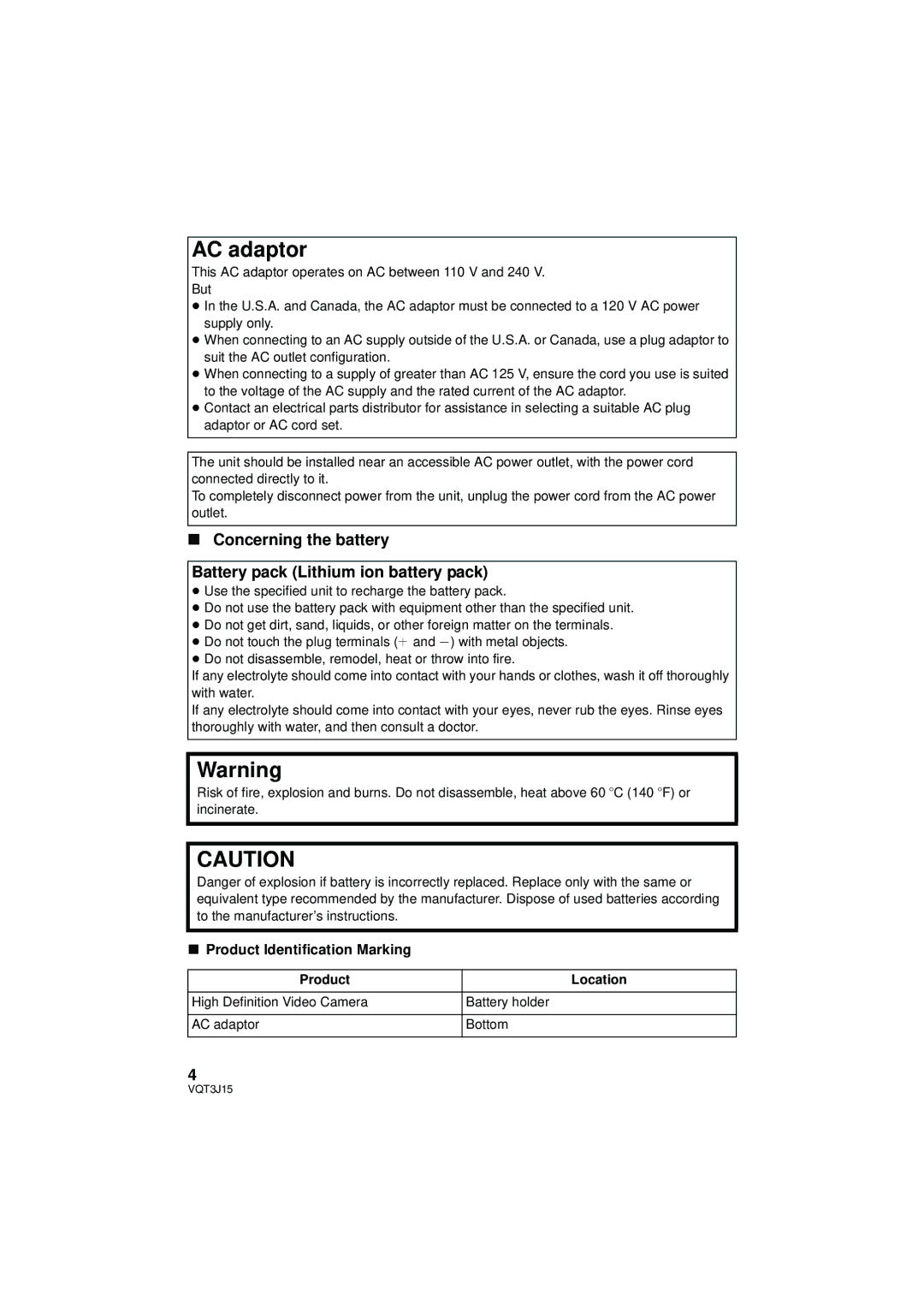 Panasonic HDC-HS80P/PC, HDC-TM80P/PC, HDC-SD80P/PC owner manual AC adaptor, Product Identification Marking, Product Location 