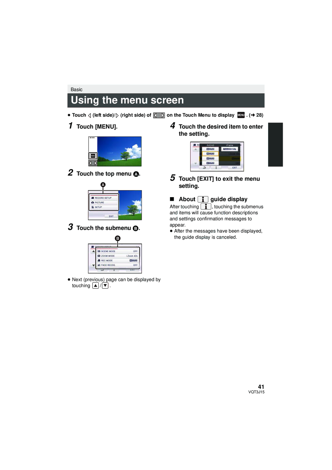 Panasonic HDC-SD80P/PC, HDC-TM80P/PC Using the menu screen, Touch Menu, ≥ Next previous page can be displayed by touching 