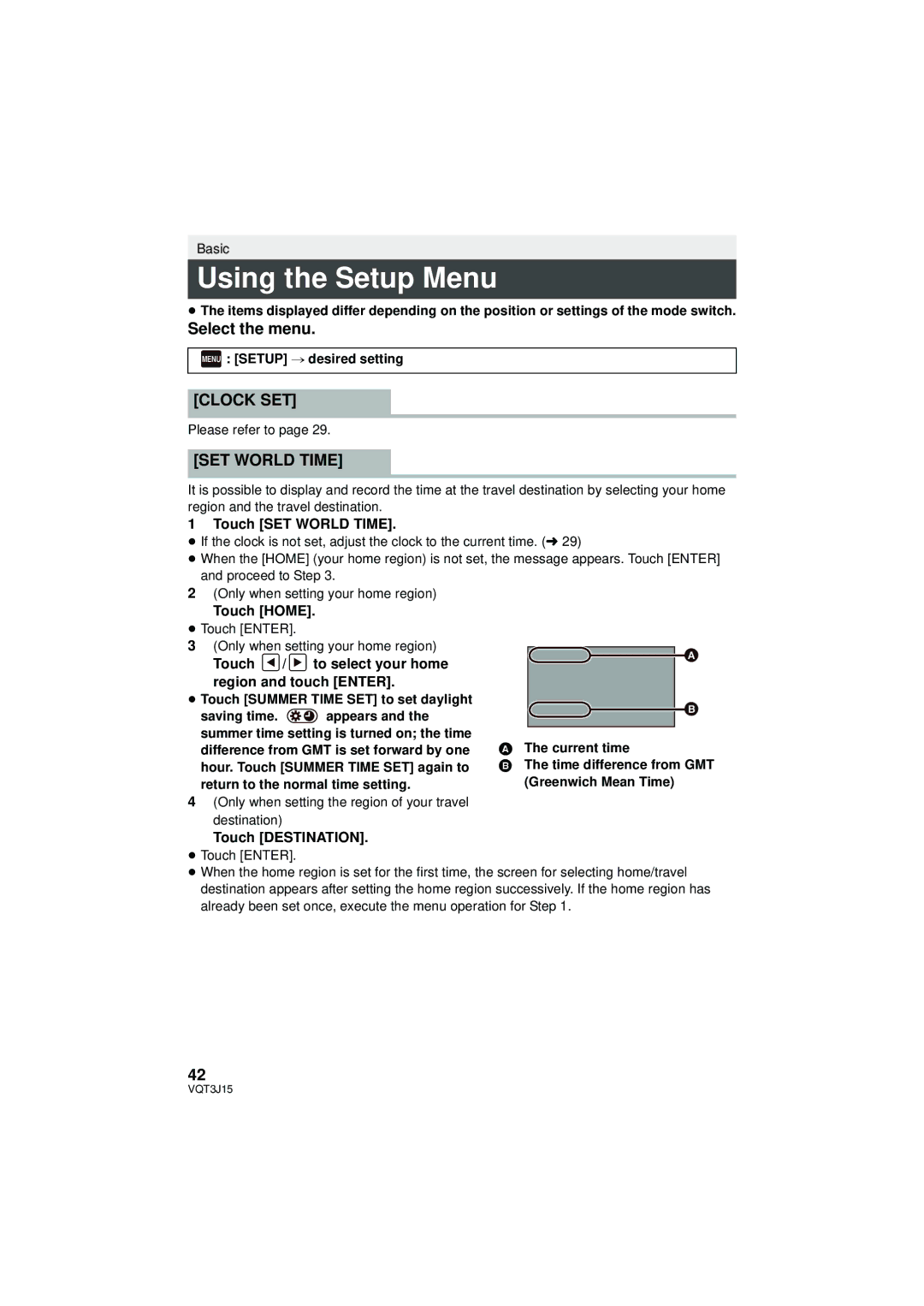 Panasonic HDC-TM80P/PC, HDC-HS80P/PC, HDC-SD80P/PC Using the Setup Menu, Select the menu, Clock SET, SET World Time 