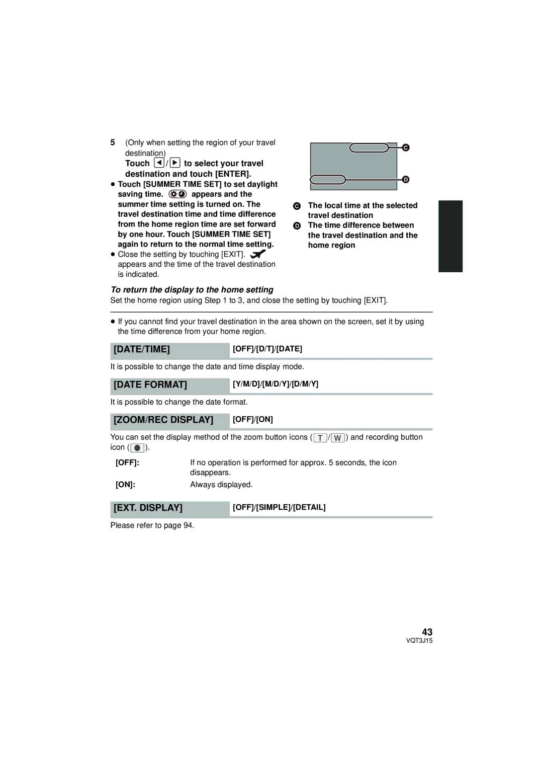 Panasonic HDC-HS80P/PC, HDC-TM80P/PC, HDC-SD80P/PC owner manual Date Format, ZOOM/REC Display, EXT. Display 