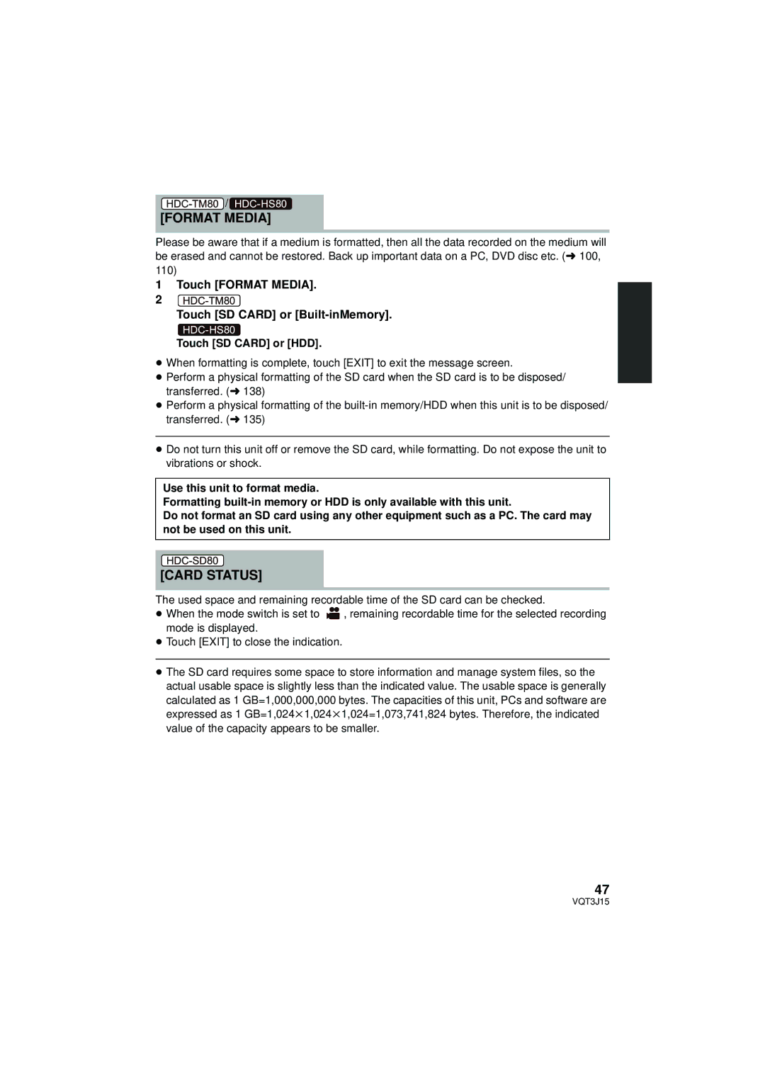 Panasonic HDC-SD80P/PC Card Status, Touch Format Media Touch SD Card or Built-inMemory, Touch SD Card or HDD 