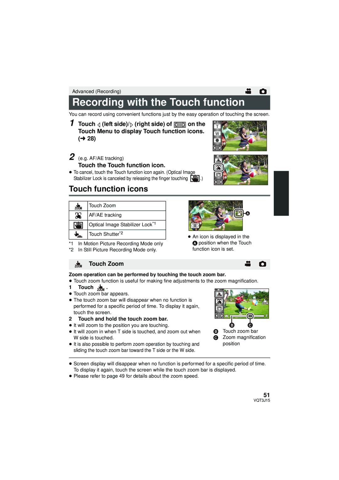 Panasonic HDC-TM80P/PC Recording with the Touch function, Touch function icons, Touch the Touch function icon, Touch Zoom 