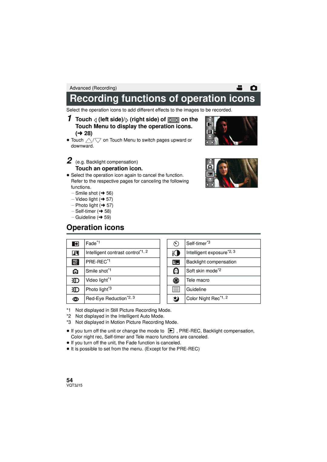 Panasonic HDC-TM80P/PC, HDC-HS80P/PC Recording functions of operation icons, Operation icons, Touch an operation icon 