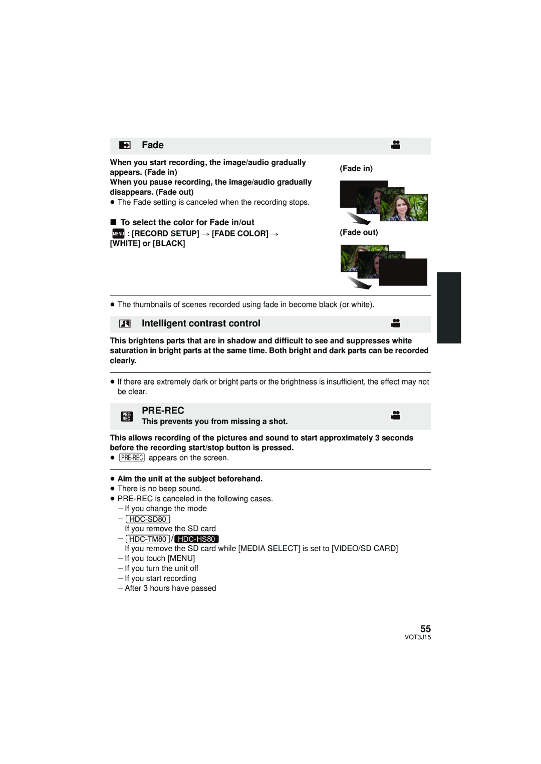 Panasonic HDC-HS80P/PC, HDC-TM80P/PC Intelligent contrast control, Pre-Rec, To select the color for Fade in/out 