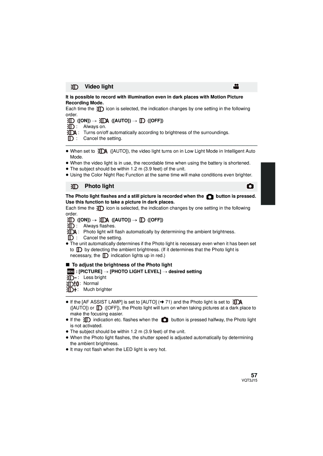 Panasonic HDC-TM80P/PC, HDC-HS80P/PC Video light, To adjust the brightness of the Photo light, On # Auto # OFF 