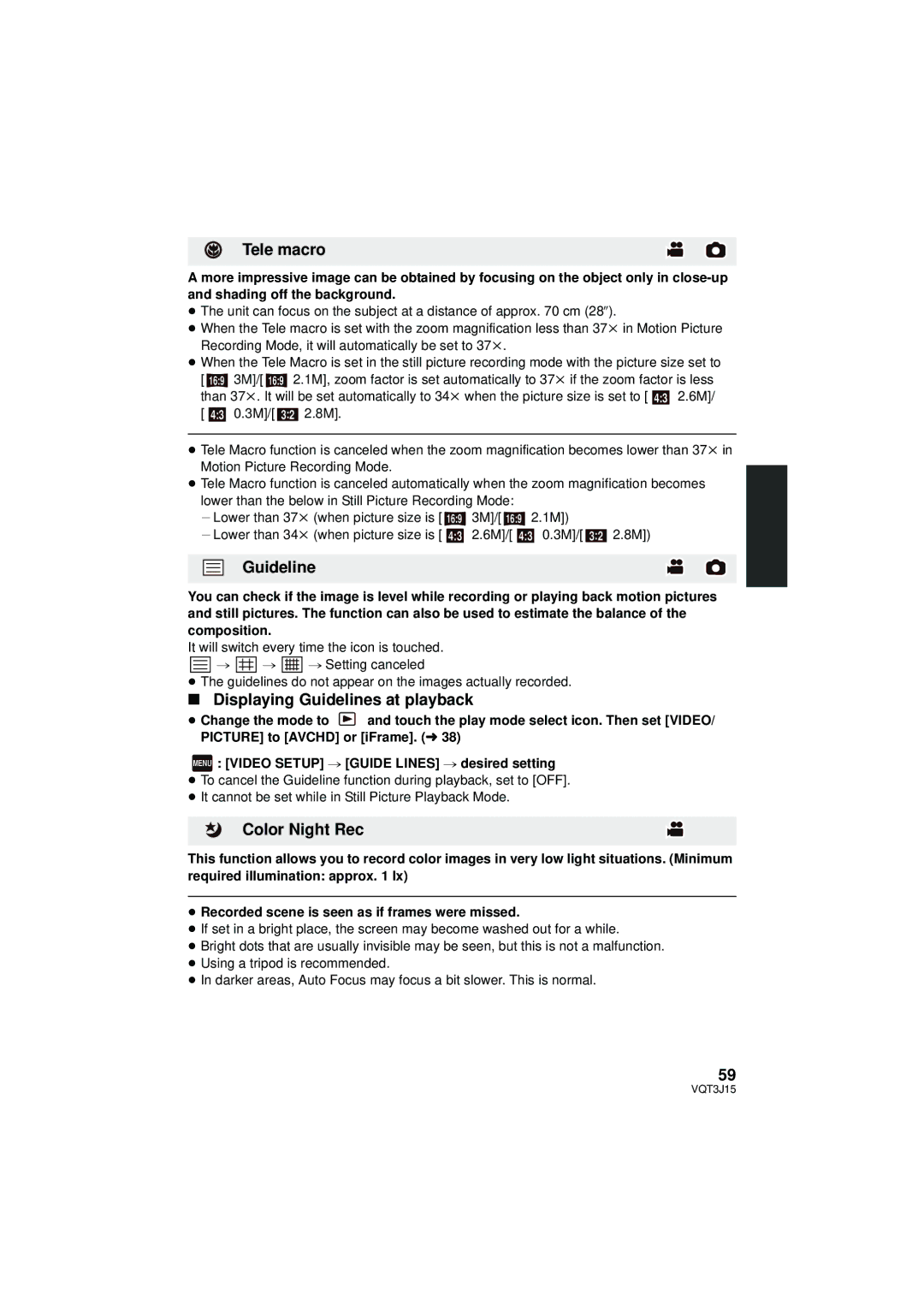 Panasonic HDC-SD80P/PC, HDC-TM80P/PC, HDC-HS80P/PC Tele macro, Displaying Guidelines at playback, Color Night Rec 