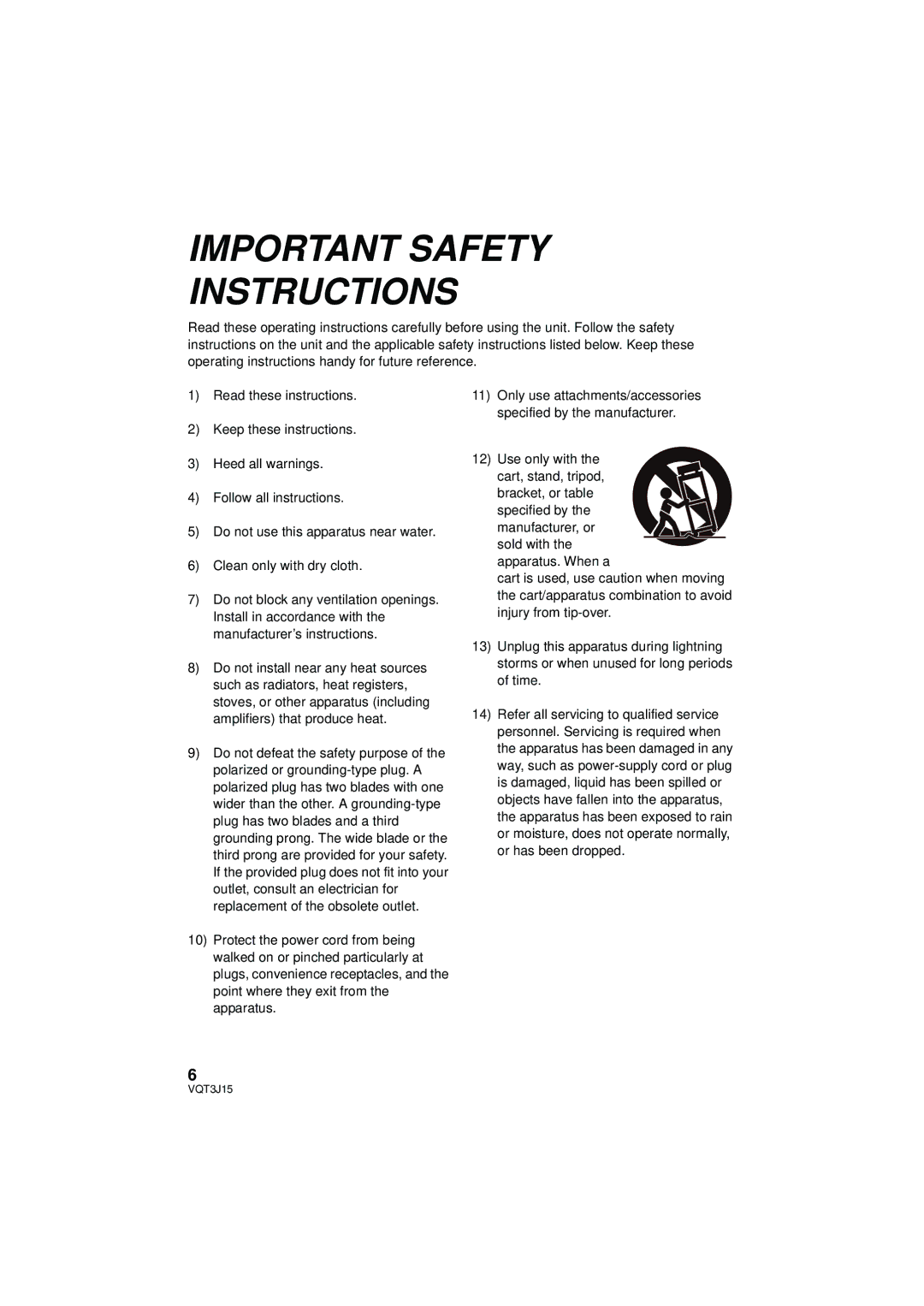 Panasonic HDC-TM80P/PC, HDC-HS80P/PC, HDC-SD80P/PC owner manual Important Safety Instructions 