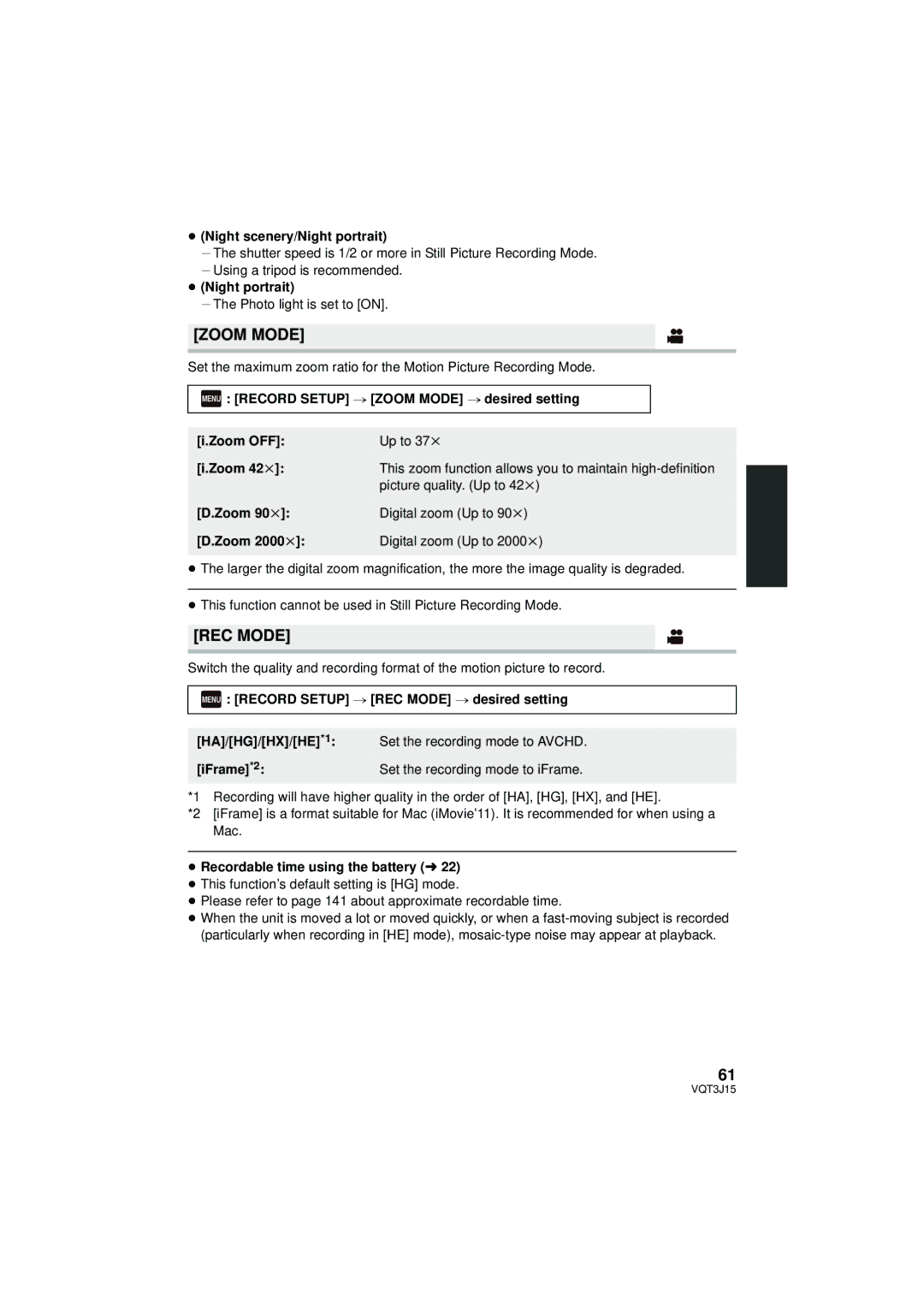 Panasonic HDC-HS80P/PC, HDC-TM80P/PC, HDC-SD80P/PC owner manual Zoom Mode, REC Mode 