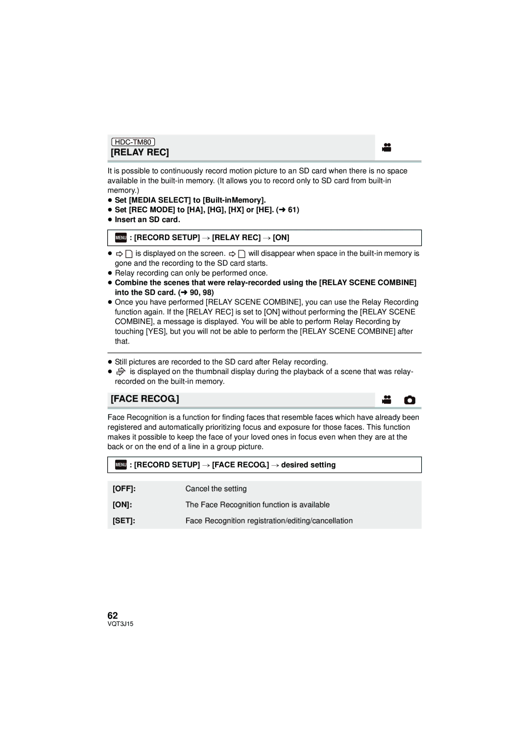 Panasonic HDC-SD80P/PC, HDC-TM80P/PC, HDC-HS80P/PC owner manual Face Recog, Menu Record Setup # Relay REC # on 