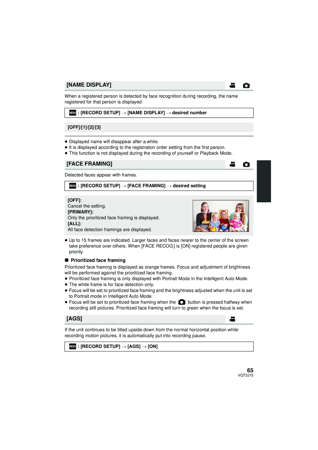 Panasonic HDC-SD80P/PC, HDC-TM80P/PC, HDC-HS80P/PC owner manual Name Display, Face Framing, Ags, Prioritized face framing 