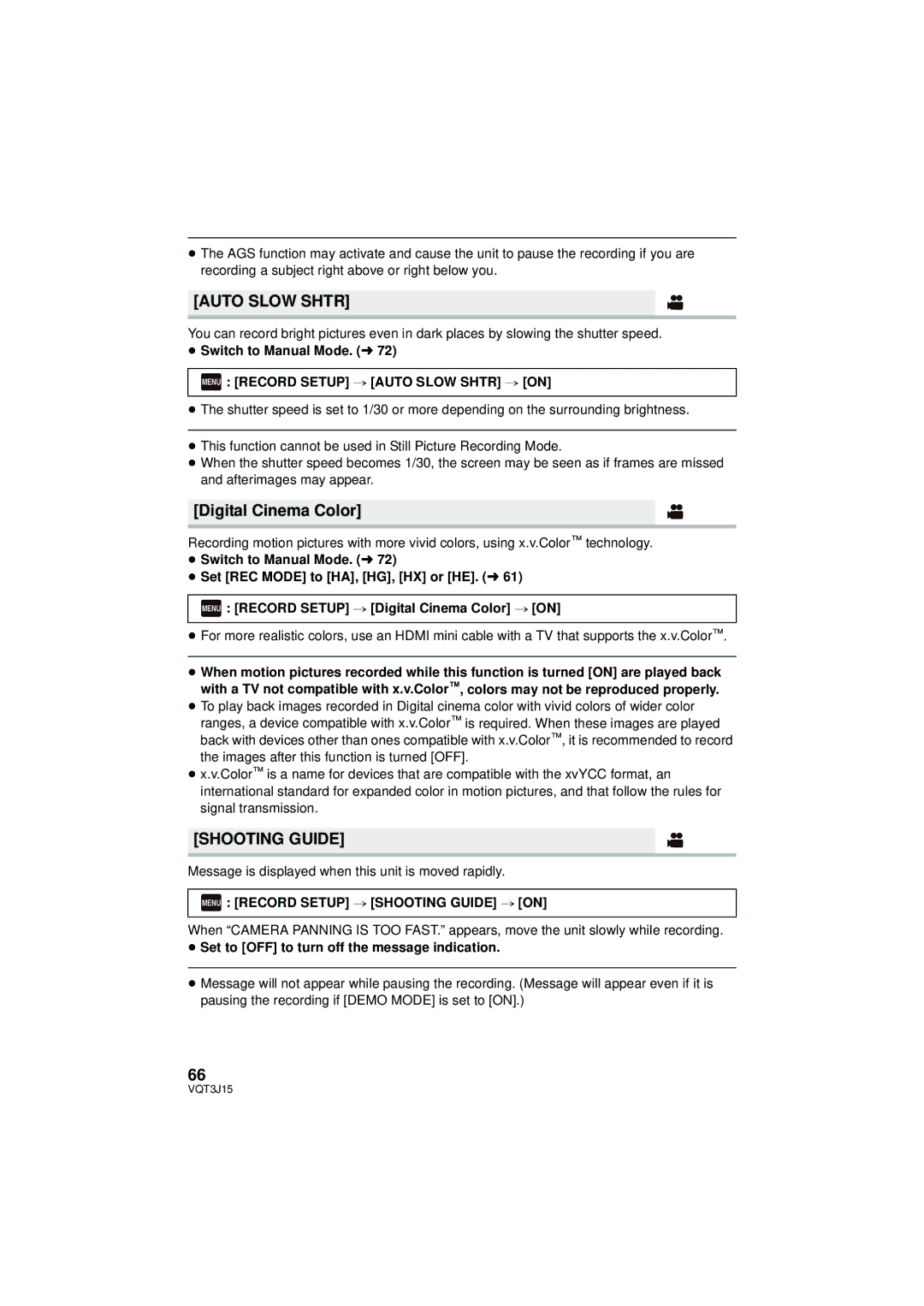 Panasonic HDC-TM80P/PC, HDC-HS80P/PC Digital Cinema Color, Shooting Guide, Menu Record Setup # Auto Slow Shtr # on 