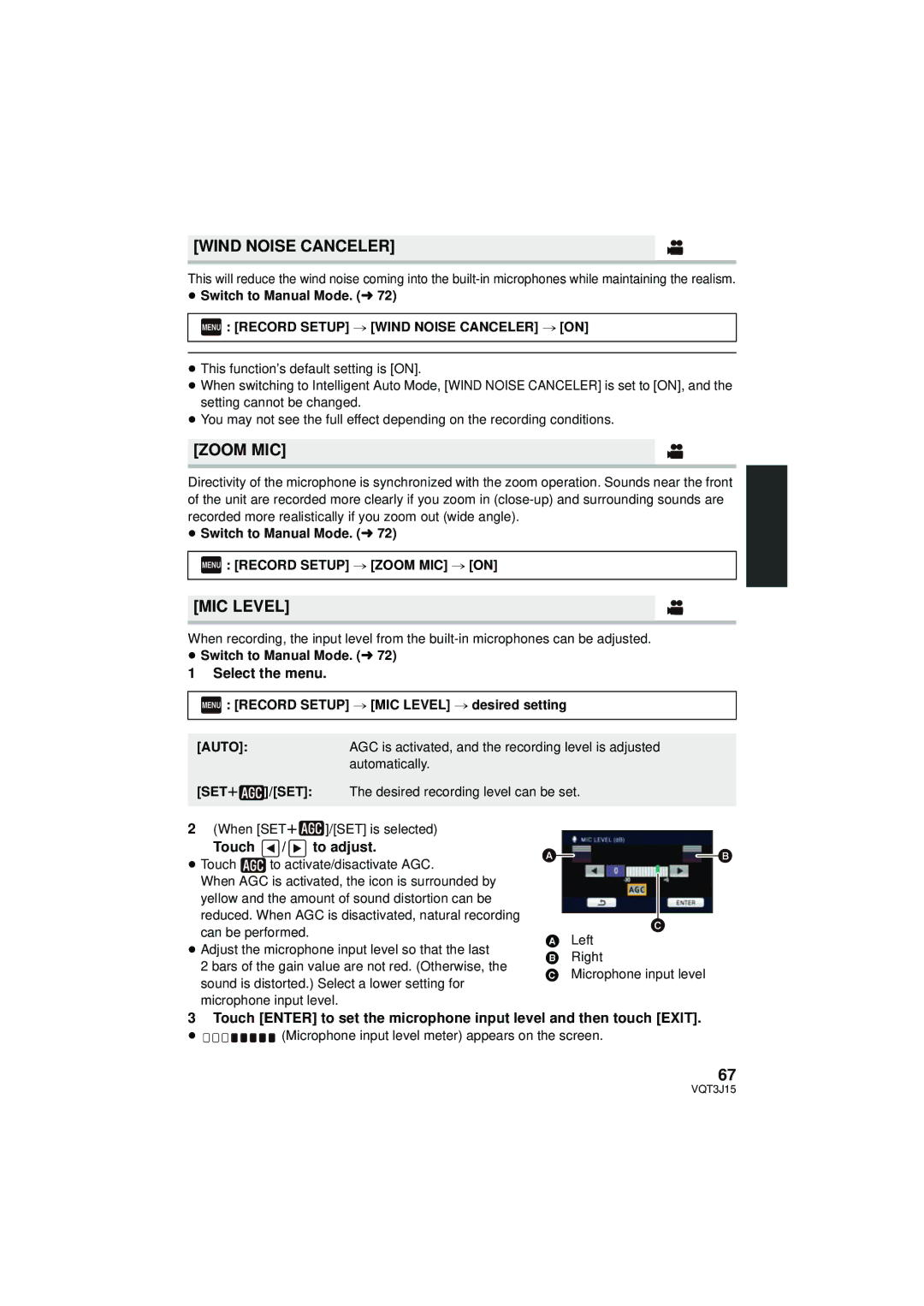 Panasonic HDC-HS80P/PC, HDC-TM80P/PC, HDC-SD80P/PC owner manual Wind Noise Canceler, Zoom MIC, MIC Level, Touch To adjust 