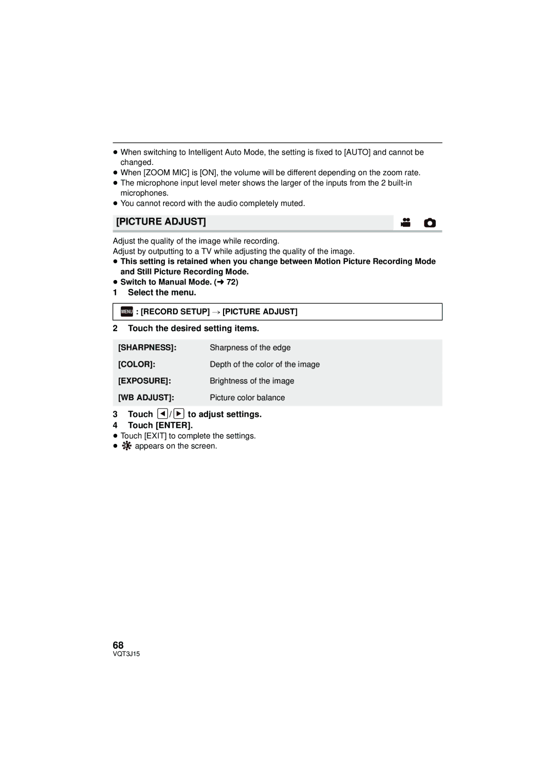 Panasonic HDC-SD80P/PC, HDC-TM80P/PC, HDC-HS80P/PC owner manual Picture Adjust, Touch the desired setting items 