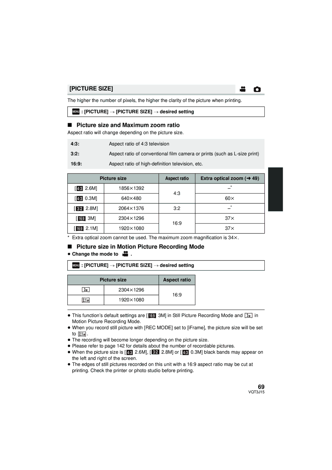 Panasonic HDC-TM80P/PC Picture Size, Picture size and Maximum zoom ratio, Picture size in Motion Picture Recording Mode 