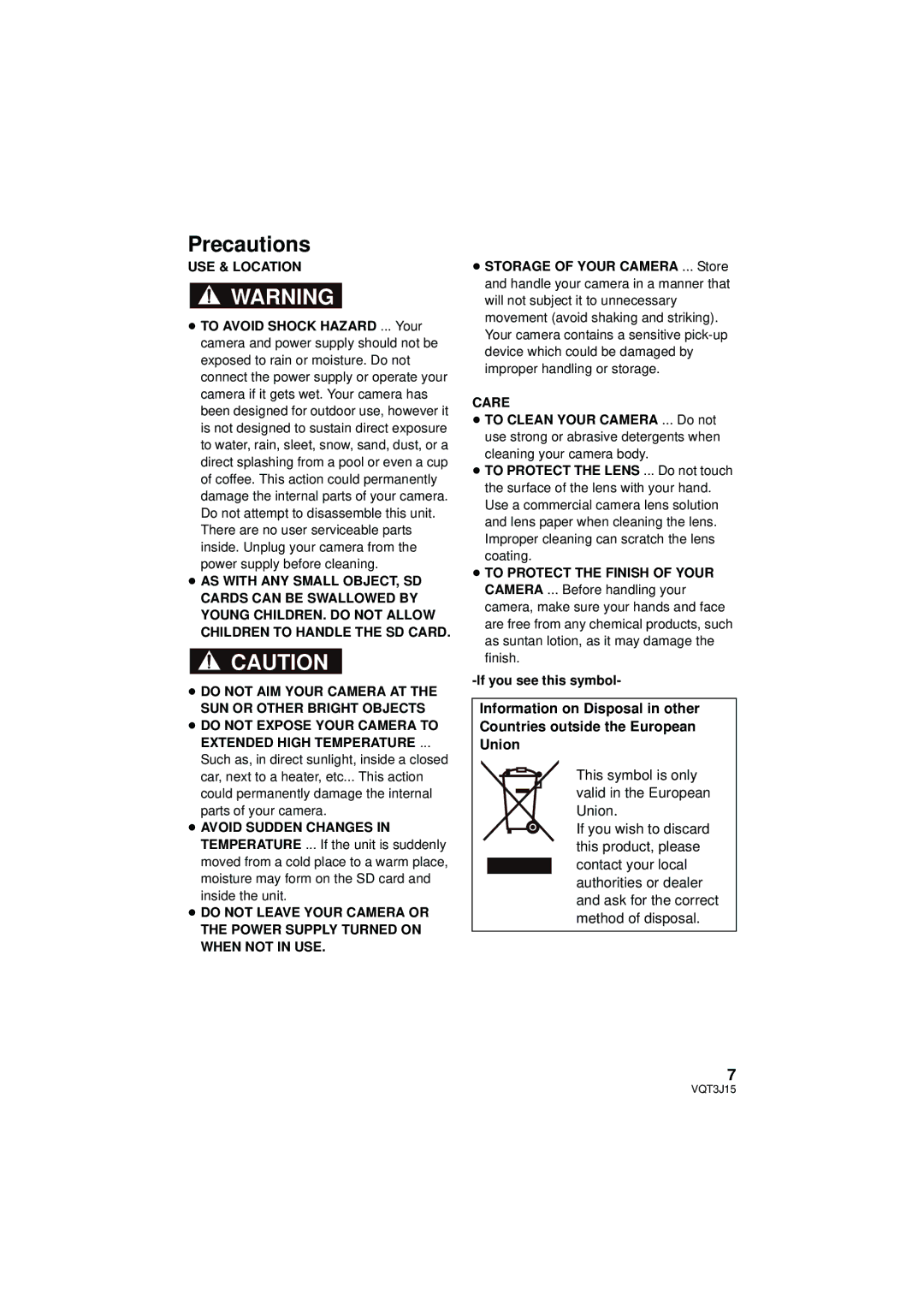 Panasonic HDC-HS80P/PC, HDC-TM80P/PC, HDC-SD80P/PC owner manual Precautions, USE & Location, Care 