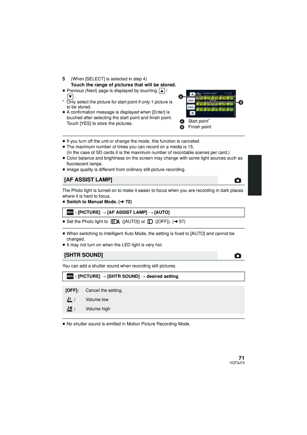 Panasonic HDC-SD80P/PC, HDC-TM80P/PC AF Assist Lamp, Shtr Sound, Touch the range of pictures that will be stored 