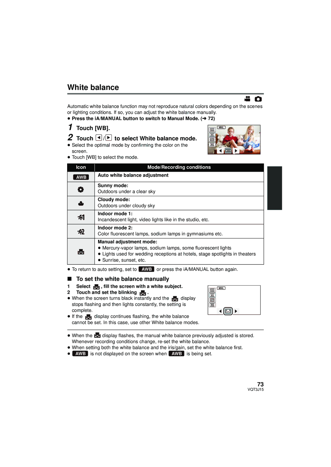 Panasonic HDC-HS80P/PC, HDC-TM80P/PC Touch WB Touch / to select White balance mode, To set the white balance manually 