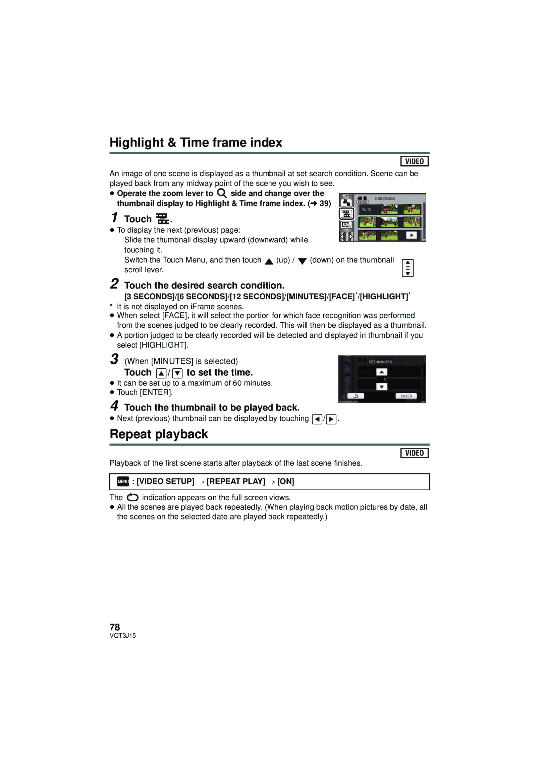 Panasonic HDC-TM80P/PC, HDC-HS80P/PC Highlight & Time frame index, Repeat playback, Touch the desired search condition 