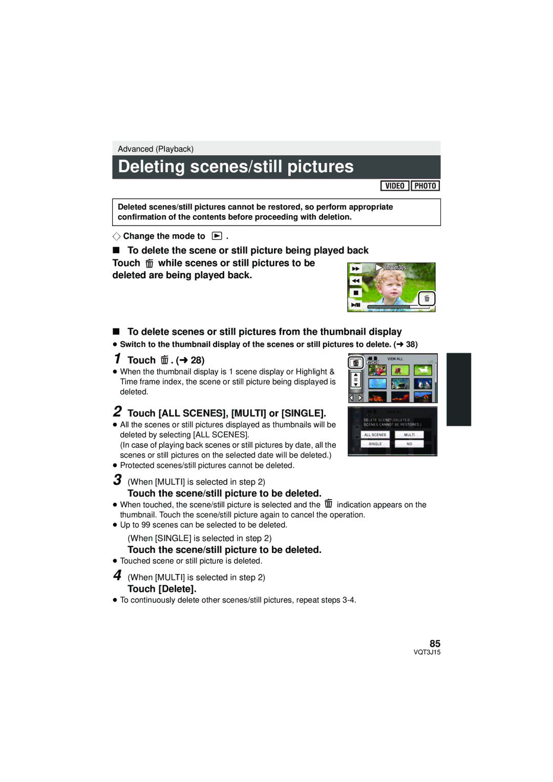 Panasonic HDC-HS80P/PC, HDC-TM80P/PC Deleting scenes/still pictures, Touch ALL SCENES, Multi or Single, Touch Delete 