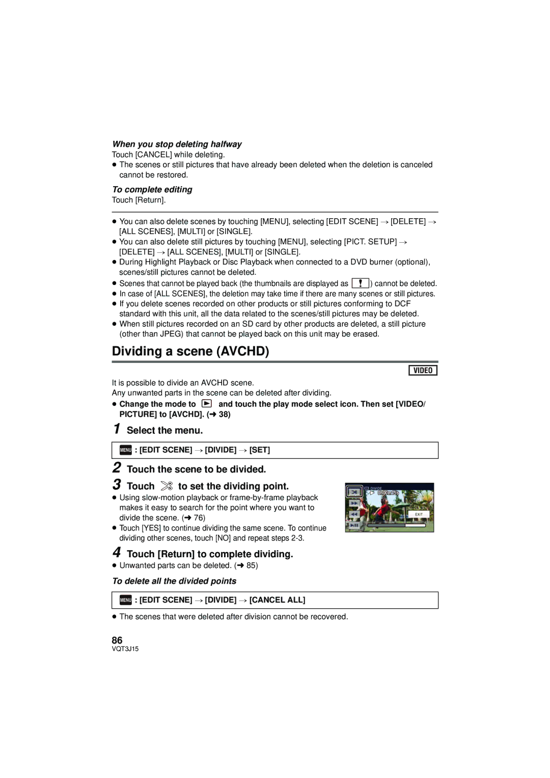 Panasonic HDC-SD80P/PC, HDC-TM80P/PC Dividing a scene Avchd, Touch the scene to be divided To set the dividing point 