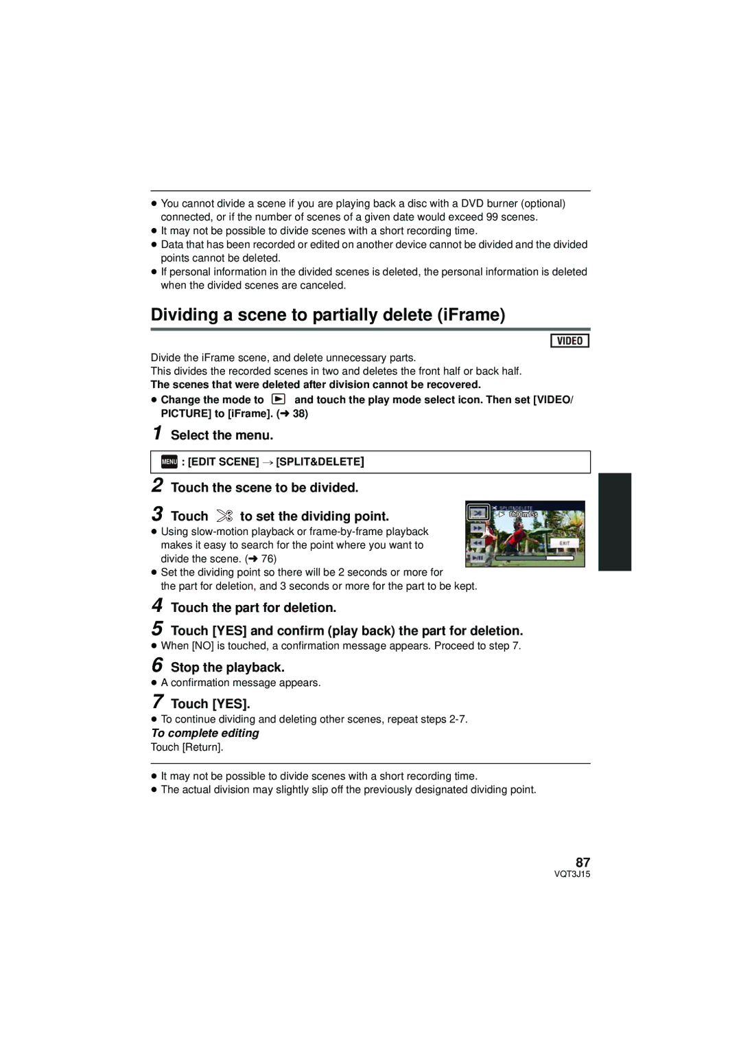 Panasonic HDC-TM80P/PC, HDC-HS80P/PC owner manual Dividing a scene to partially delete iFrame, Stop the playback, Touch YES 