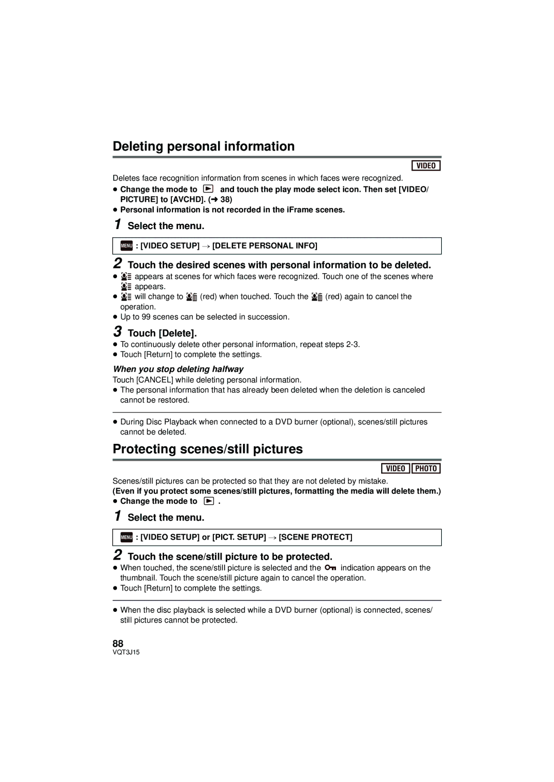 Panasonic HDC-HS80P/PC, HDC-TM80P/PC, HDC-SD80P/PC Deleting personal information, Protecting scenes/still pictures 