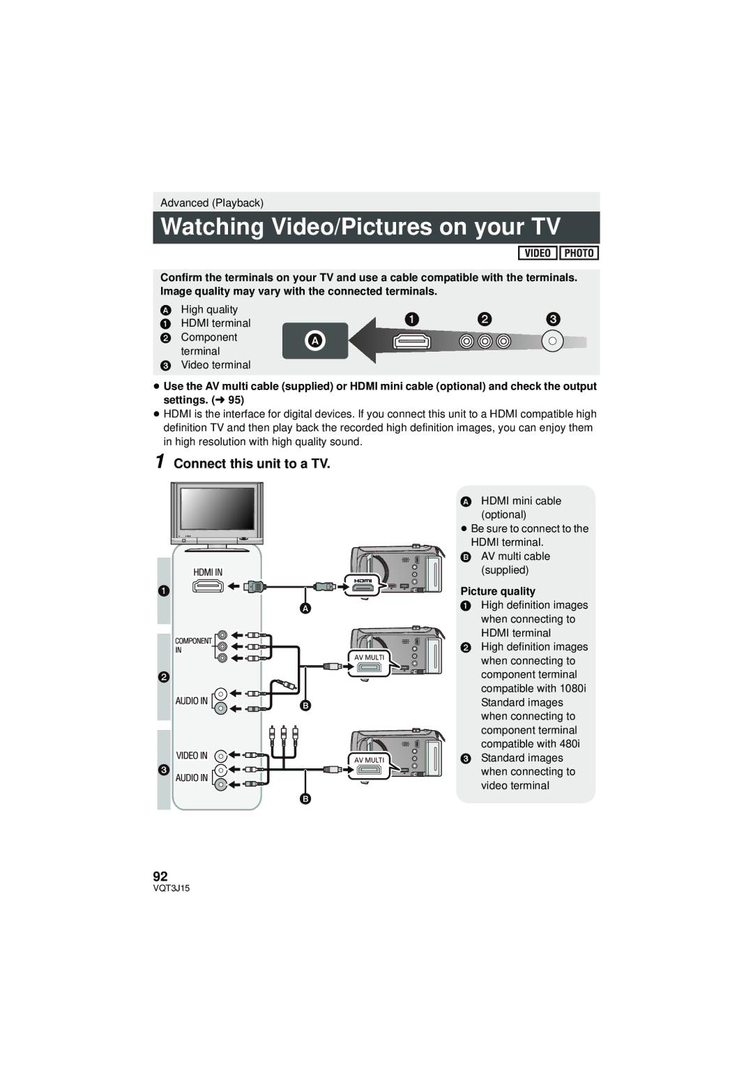 Panasonic HDC-SD80P/PC, HDC-TM80P/PC Watching Video/Pictures on your TV, Connect this unit to a TV, Picture quality 