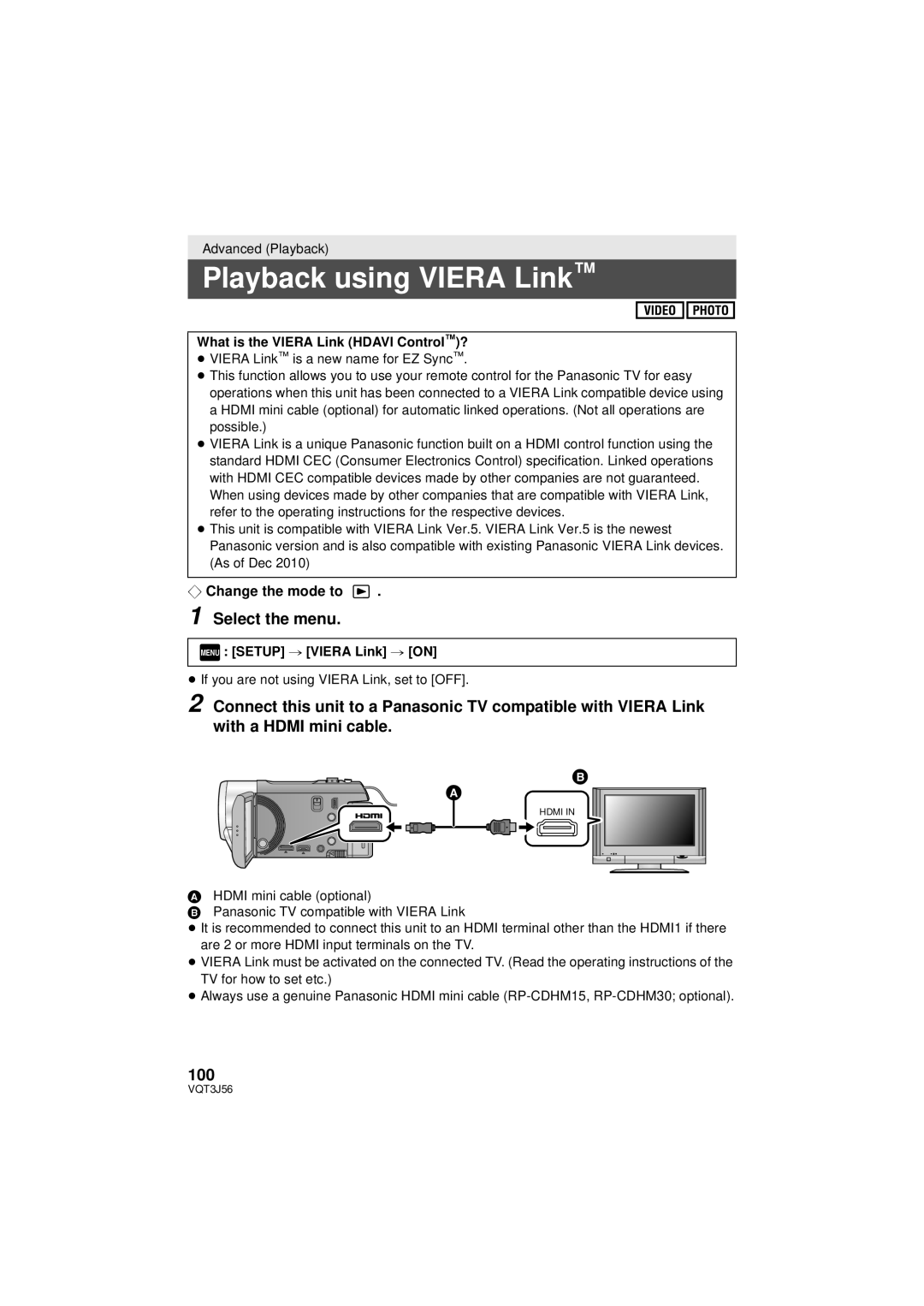 Panasonic HDC-TM90P/PC Playback using Viera Link, 100, What is the Viera Link Hdavi Control?, Menu Setup # Viera Link # on 