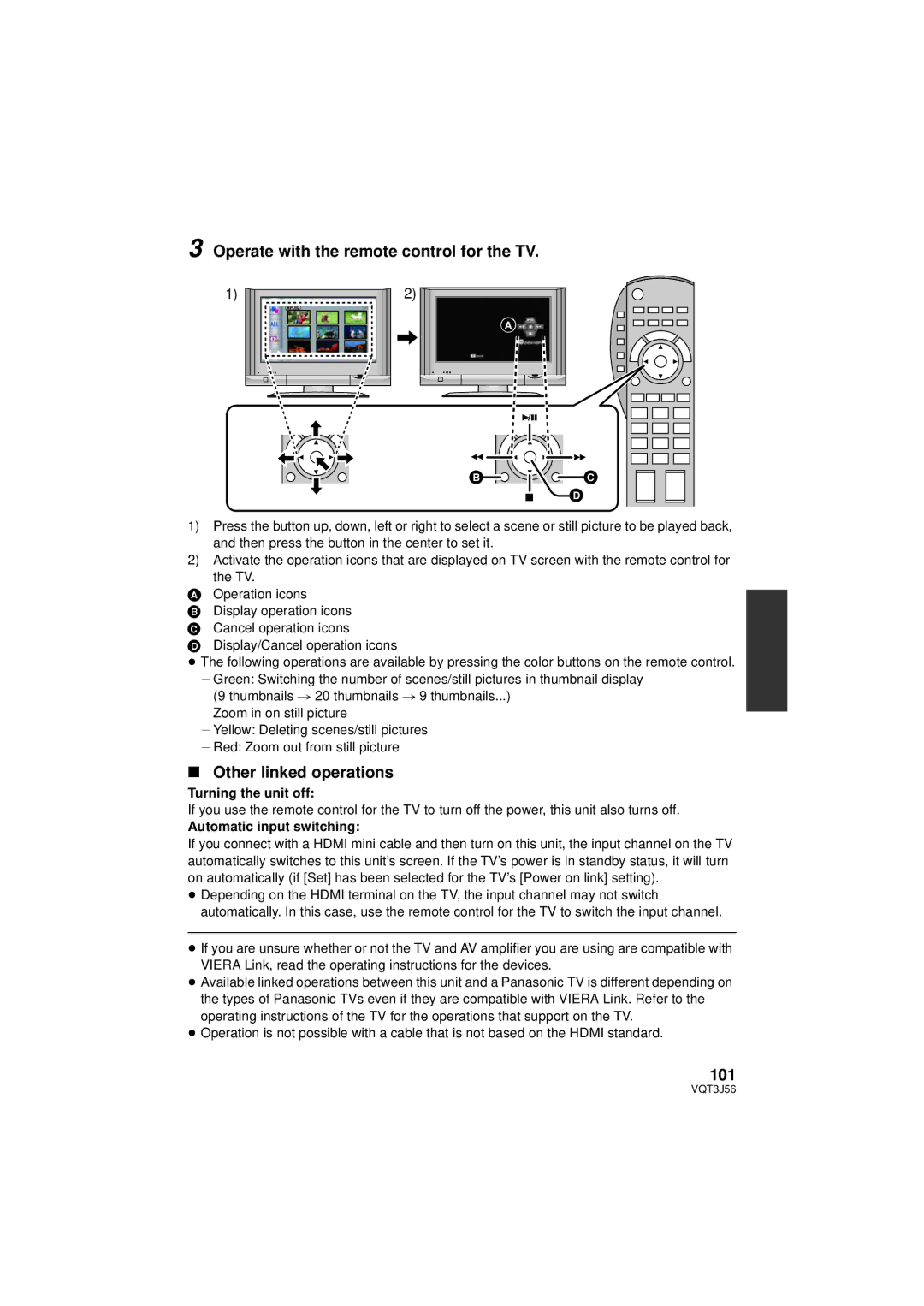 Panasonic HDC-SD90P/PC Operate with the remote control for the TV, Other linked operations, 101, Turning the unit off 