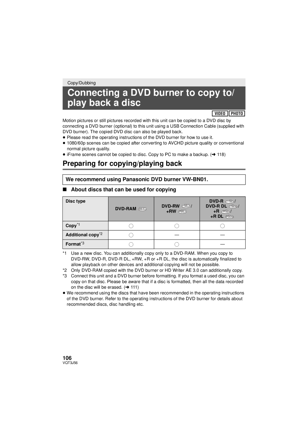 Panasonic HDC-TM90P/PC Connecting a DVD burner to copy to/ play back a disc, Preparing for copying/playing back, 106 