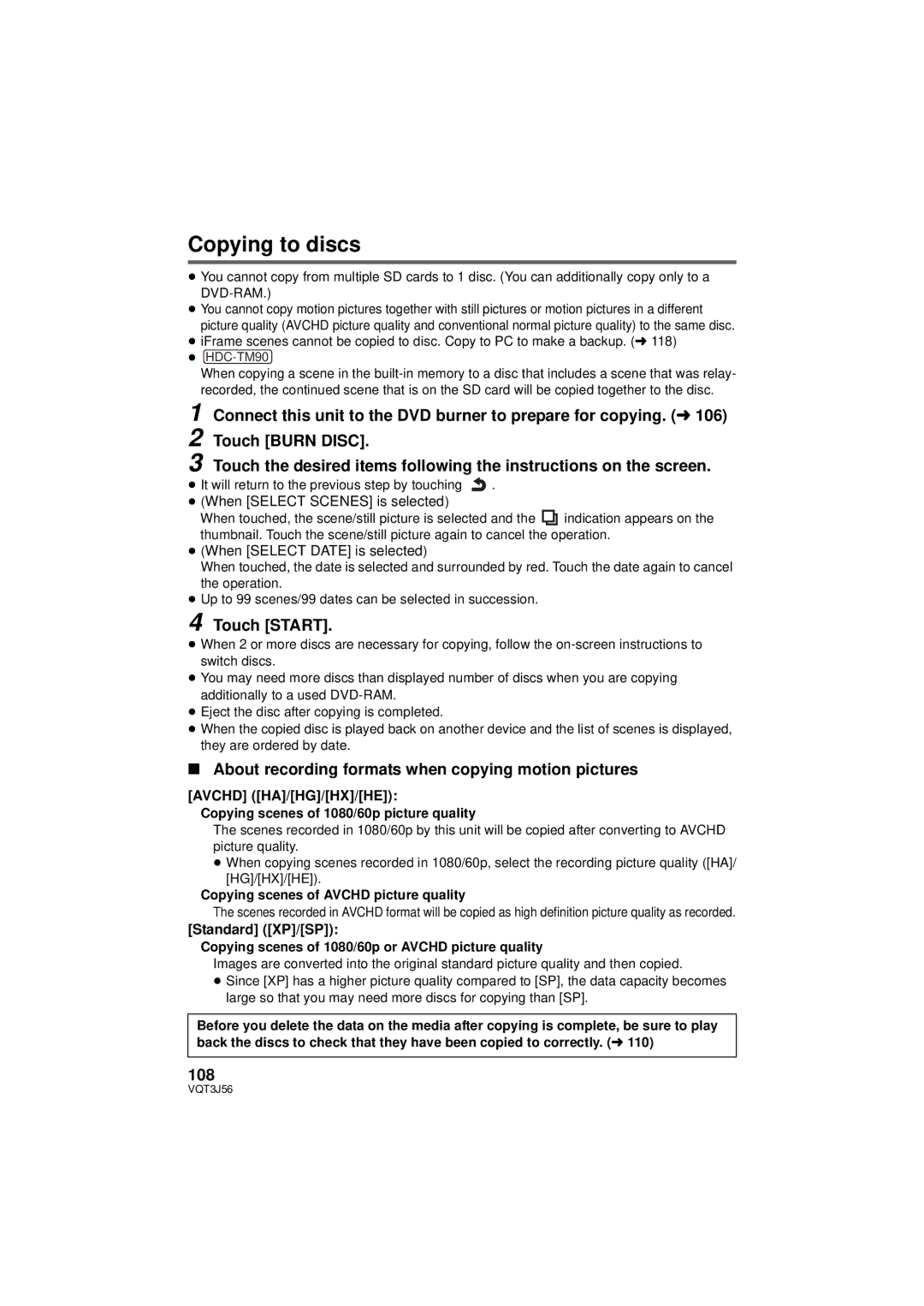 Panasonic HDC-TM90P/PC Copying to discs, About recording formats when copying motion pictures, 108, Avchd HA/HG/HX/HE 