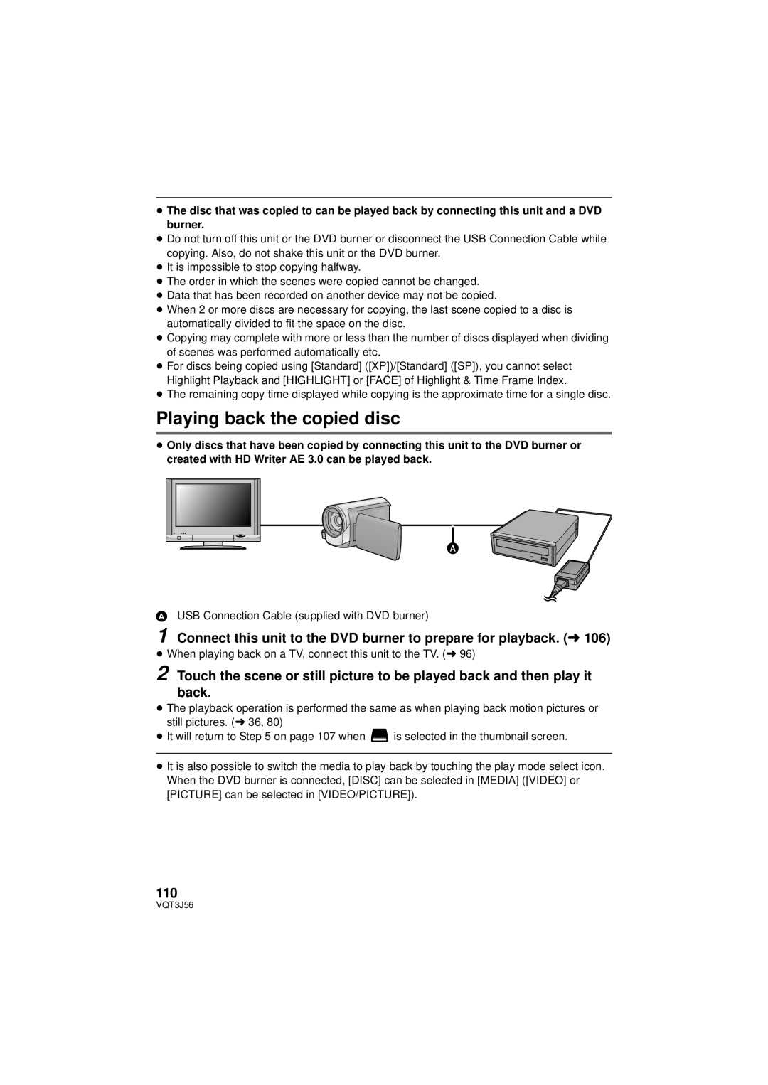 Panasonic HDC-TM90P/PC, HDC-SD90P/PC Playing back the copied disc, 110, USB Connection Cable supplied with DVD burner 