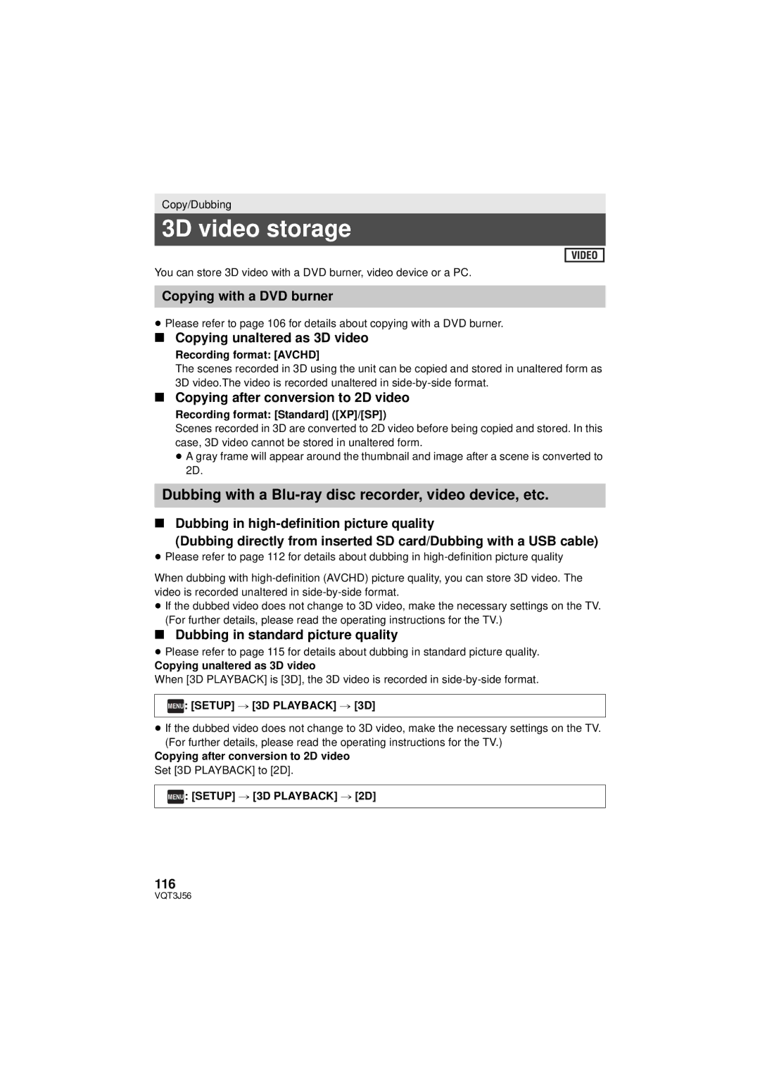 Panasonic HDC-TM90P/PC, HDC-SD90P/PC owner manual 3D video storage 