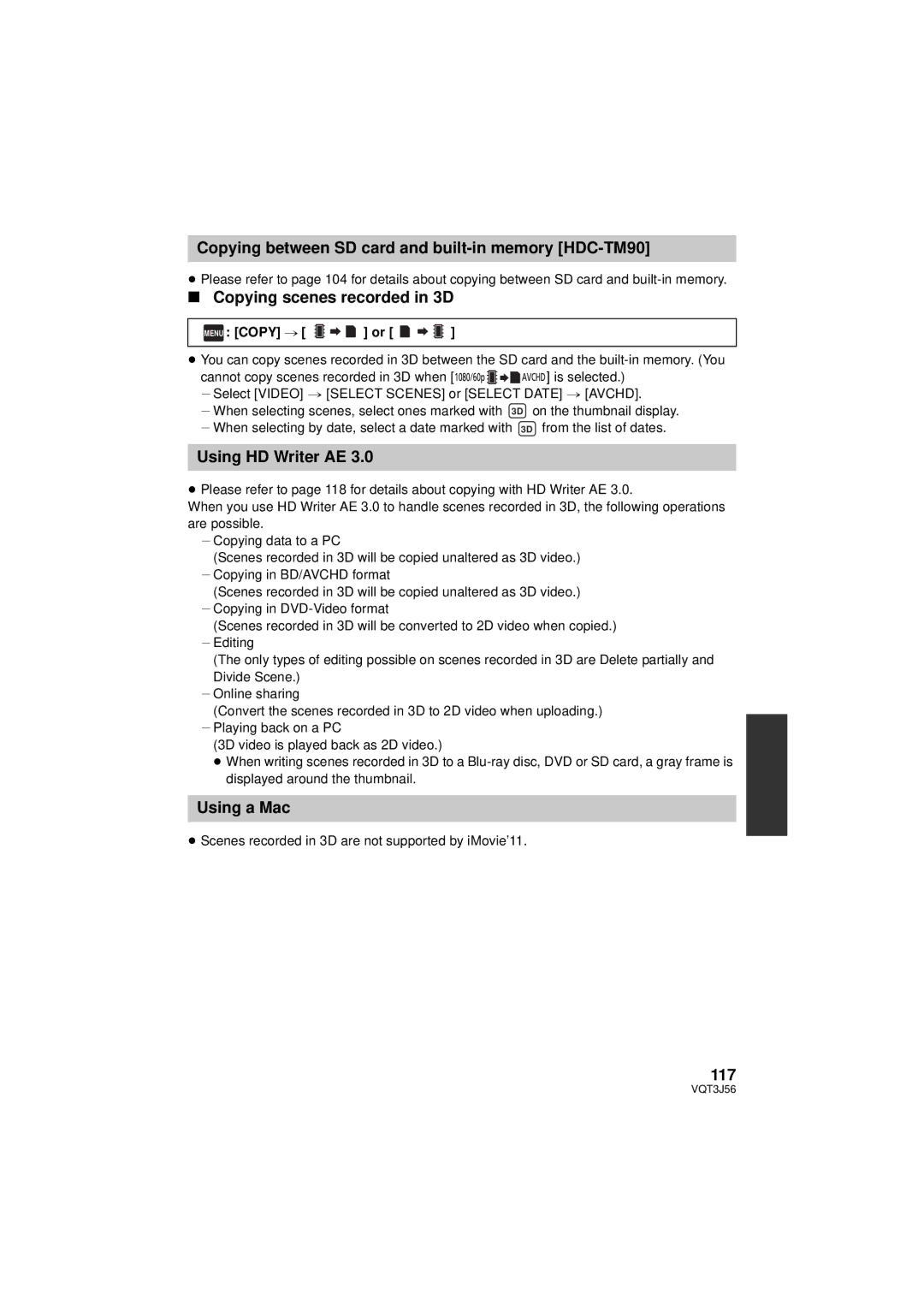 Panasonic HDC-SD90P/PC Copying between SD card and built-in memory HDC-TM90, Copying scenes recorded in 3D, Using a Mac 