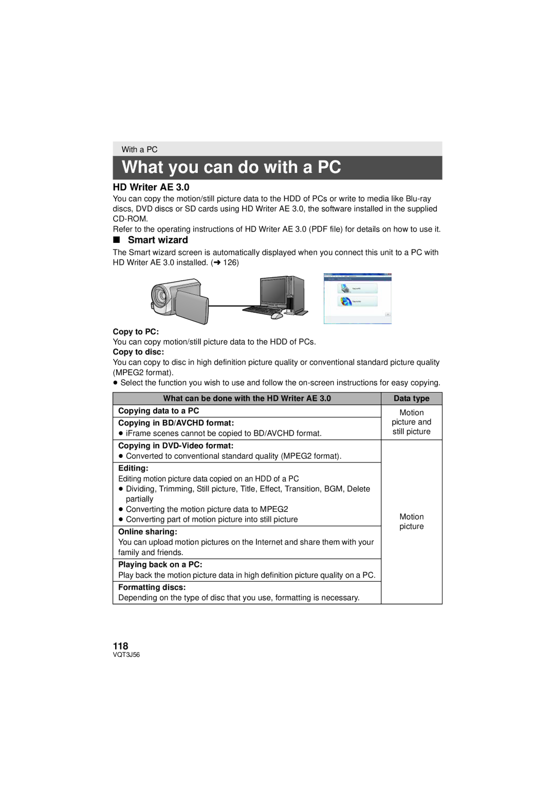 Panasonic HDC-TM90P/PC, HDC-SD90P/PC owner manual What you can do with a PC, HD Writer AE, Smart wizard, 118 