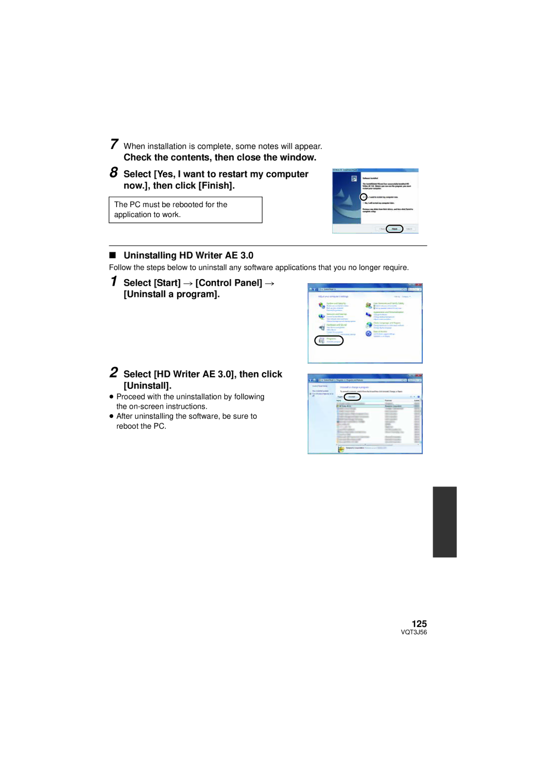 Panasonic HDC-SD90P/PC, HDC-TM90P/PC Uninstalling HD Writer AE, 125, PC must be rebooted for the application to work 