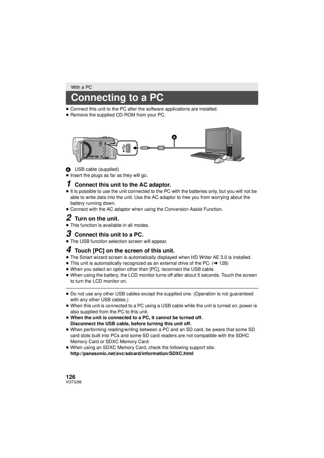 Panasonic HDC-TM90P/PC owner manual Connecting to a PC, Connect this unit to the AC adaptor, Connect this unit to a PC, 126 