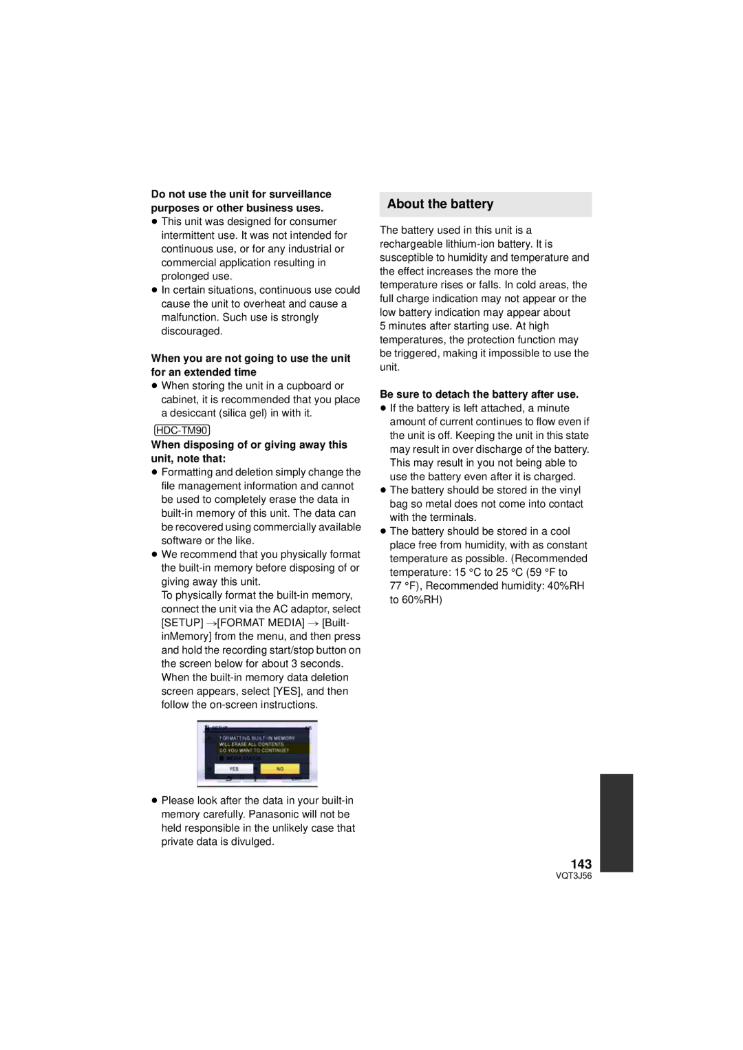 Panasonic HDC-SD90P/PC, HDC-TM90P/PC About the battery, 143, When you are not going to use the unit for an extended time 