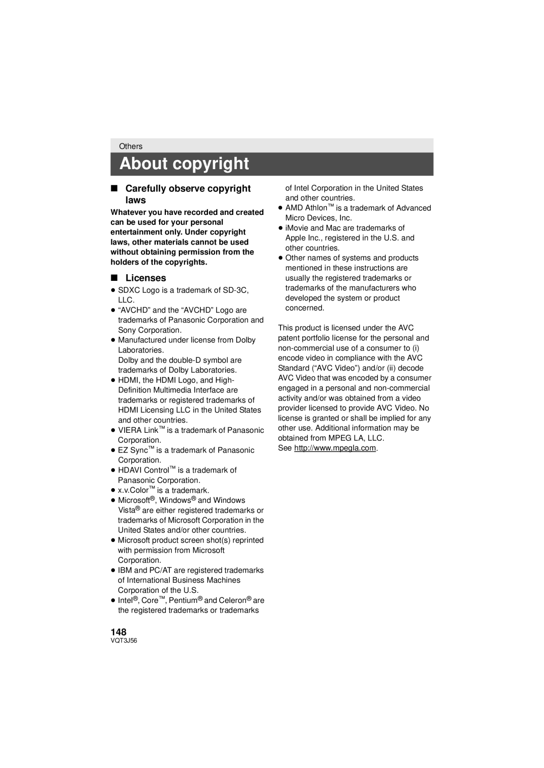 Panasonic HDC-TM90P/PC, HDC-SD90P/PC owner manual About copyright, Carefully observe copyright Laws, Licenses, 148 