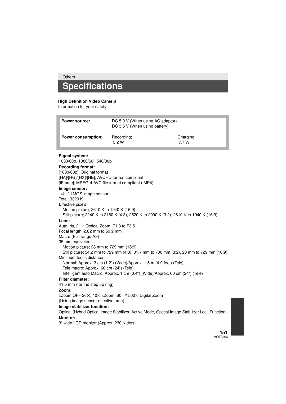 Panasonic HDC-SD90P/PC, HDC-TM90P/PC owner manual Specifications, 151 