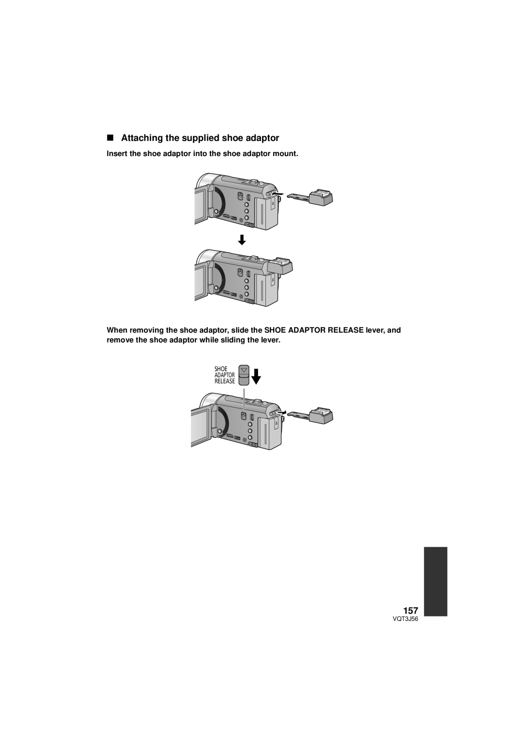 Panasonic HDC-SD90P/PC, HDC-TM90P/PC owner manual Attaching the supplied shoe adaptor, 157 