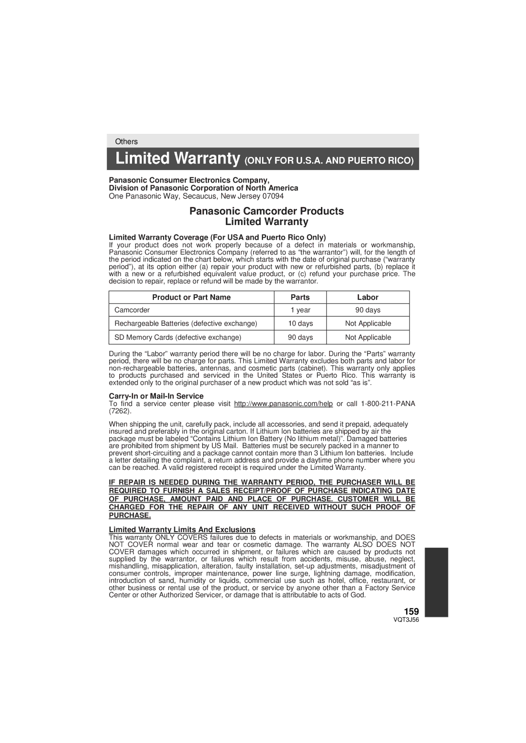 Panasonic HDC-SD90P/PC 159, Limited Warranty Coverage For USA and Puerto Rico Only, Product or Part Name Parts Labor 