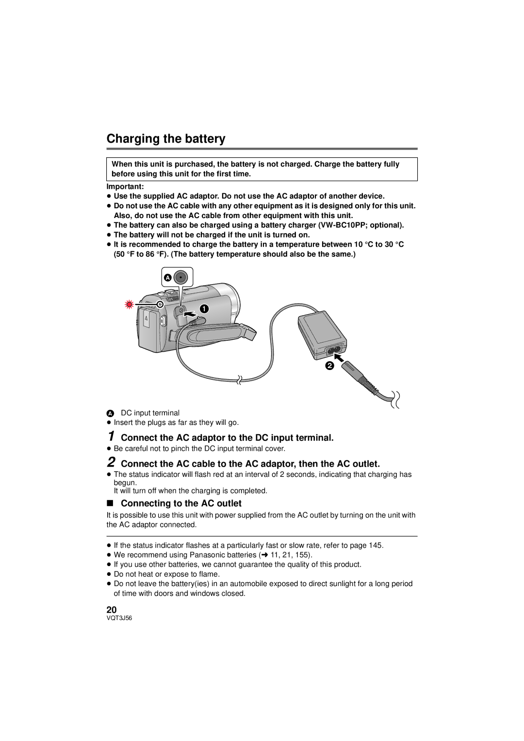 Panasonic HDC-TM90P/PC Charging the battery, Connect the AC adaptor to the DC input terminal, Connecting to the AC outlet 